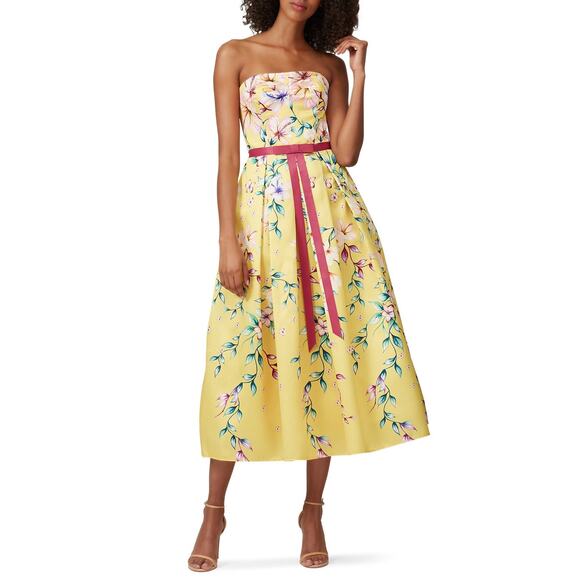MARCHESA NOTTE Yellow Floral Printed Mikado Strapless Tea Midi Dress Size 18 - Picture 2 of 13